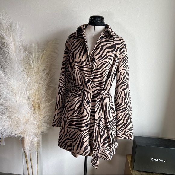 Vintage Chaps Black Tan Animal Zebra Print Trench Coat - Picture 4 of 14